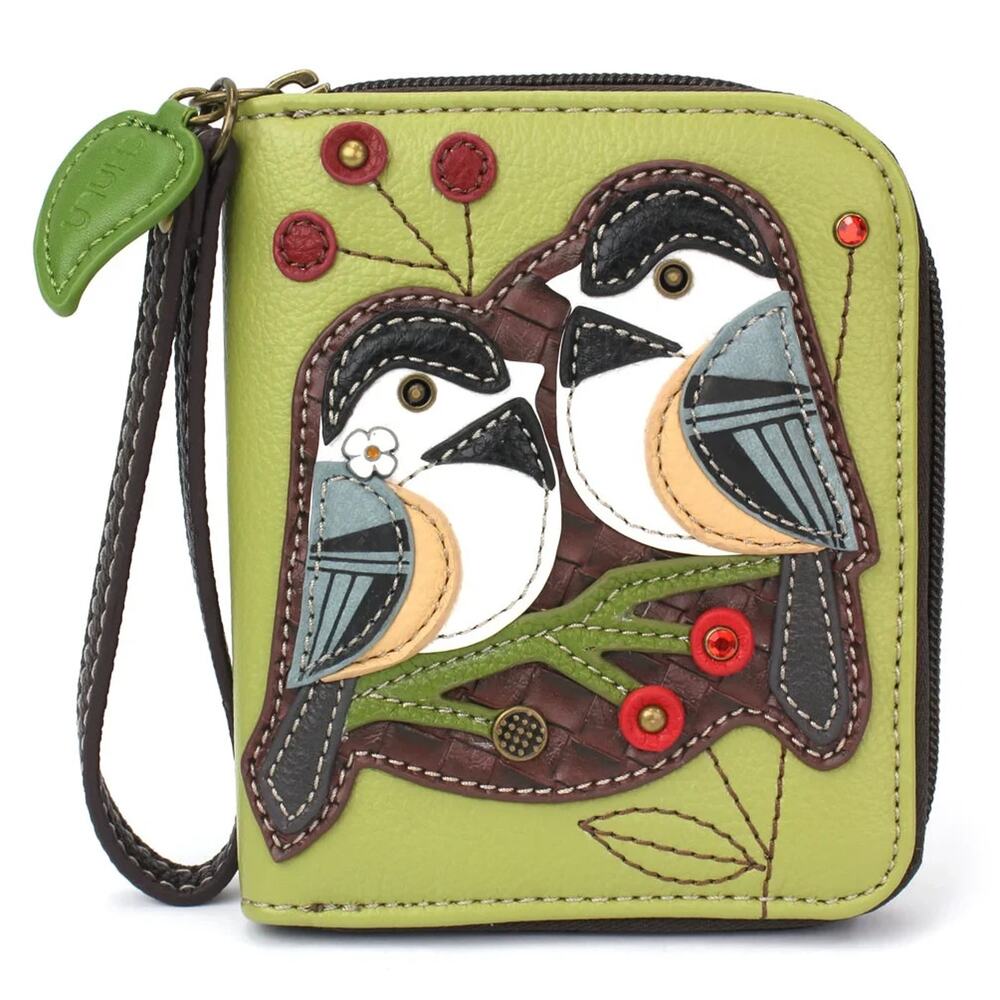 Chala Faux Leather Zip Credit Card Wallet Wristlet - Chickadee, Green NWT